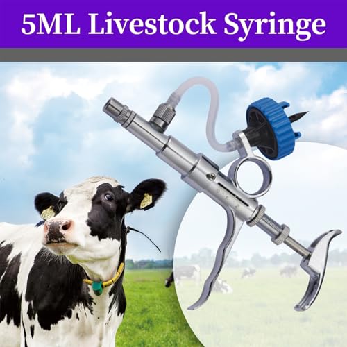 5ml Continuous Self-Refilling Livestock Syringe, 10 Needles Included | Adjustable dosage from 0.5ml to 5ml Stainless Steel Veterinary Injection Gun for Chicken, Duck, Pig, Sheep, Cow Poultry