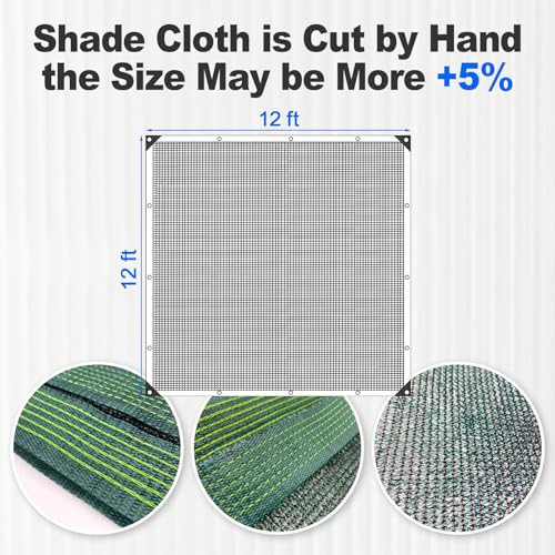 90% Blackish Green Shade Cloth, 12 x 12 ft with Reinforced Grommets | Durable mesh shade net for greenhouses, plants, chicken coops, pergolas, pools, canopies, patios and gardens - size: 12 ft x 12 ft
