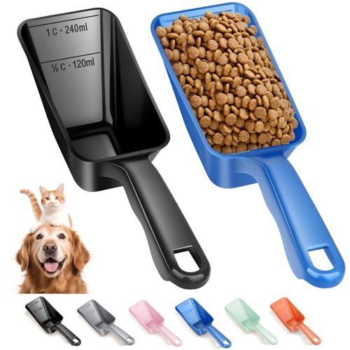 2-Pack Dog Food Scoop 1 Cup, Plastic Pet Food Measuring Scoop With Measuring Lines (1/2 & 1 Cup Markings) for Dogs, Cats, Fish, Bird（Black and Blue) - color: Black and Blue