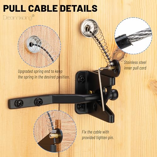Gate Latch Cable Pull, Spring-Loaded Latch Kit for Wooden Fence Gates, Gate Latch Pull Cable String Adjustable from 2" to 6" Posts Stainless Steel Spring, 1 Pack
