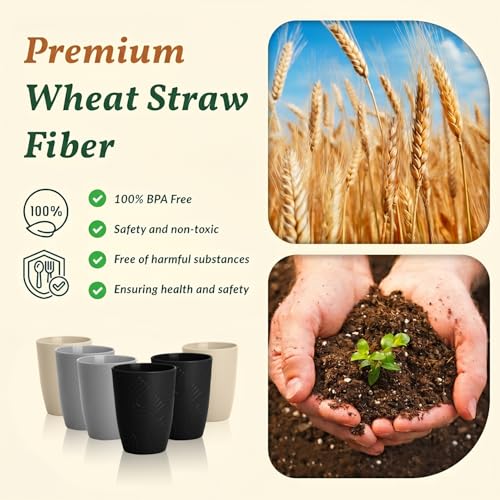 Homienly Wheat Straw Cups Drinking Glasses Set of 6, Unbreakable Plastic Cups Reusable Cups for Kitchen Camping Picnic Dorm Microwave and Dishwasher Safe Water Glasses Drinking Set 12 OZ - GreyStone - color: GreyStone, size: 12 Ounces