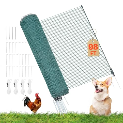 VEVOR Temporary Fence with Posts, 3.9 x 98.4 FT Plastic Mesh Fencing, Garden Safety Fences Netting with Double-Spike Stakes & Guy Ropes, Temporary Fence for Dogs, Chickens, Plants, Outdoor Yards - size: 48in*98ft