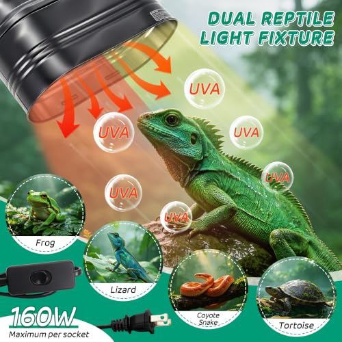 Dual Reptile Light Fixture with Independent Switches | Dual Deep Heat Lamps, UVB Light Fixture, Dome Heat Lighting Lamp Combo Kit, For Bearded Dragon, Iguana, Snake, Turtle Tank