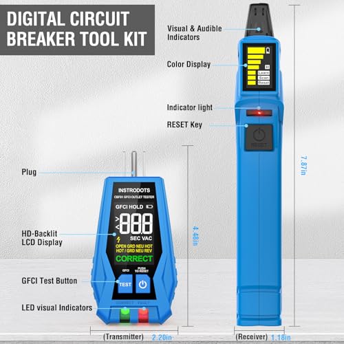 Circuit Breaker Finder & GFCI Outlet Tester for 90-135V AC Circuits | INSTRODOTS Breaker Finder Electrical Circuit Tracer with Color LCD Display & Buzzer Alarm, Includes Batteries & Carrying Case - size: Circuit Breaker Finder