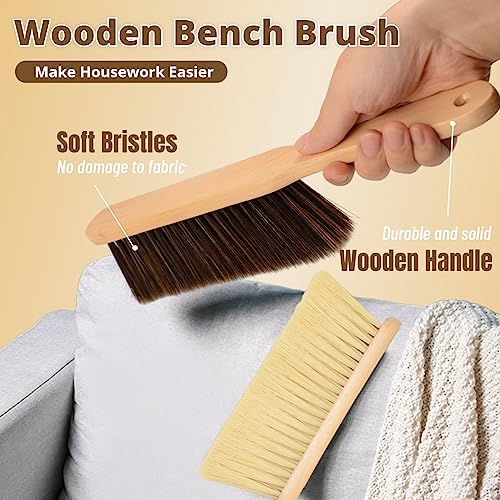 2 Pieces Woooden Dust Brush Hand Broom Bench Brush with Long Wood Handle Whisk Broom Soft Bristle Brush for Counter Bed Sofa Car Fireplace Clothes Household Cleaning - color: Brown, Khaki