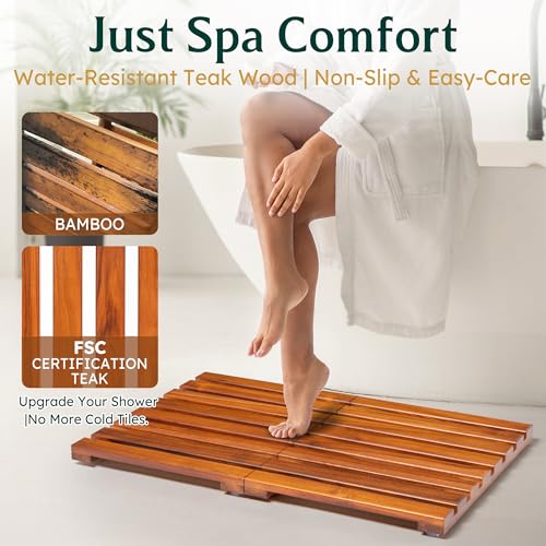24x16 Teak Shower Mat, Non-Slip Solid Wood Bath Duckboard | Fast-Drying Spa-Style Wooden Slat, Heavy Duty Floor Panel for Bathroom, Indoor & Outdoor Use - size: 24" x 16" (Rectangular)