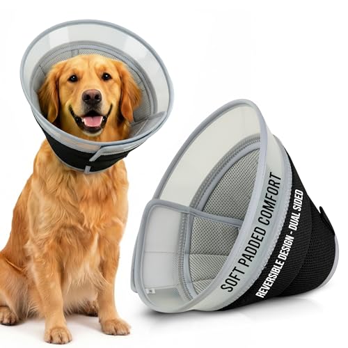 Premier Web Products Soft Dog Cone Collar To Stop Licking - Medium Dog Cone, Adjustable and Reversible Design, Non-Woven Breathable Fabric, Elizabethan Recovery Collar after Surgery for Cat, Black