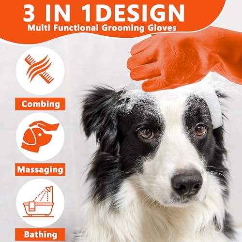 Pet Grooming Gloves—Dog Washing Gloves with High-Density Teeth | Dog Bath Scrubber with Enhanced Five Finger Design, Silicone Gloves for Dogs and Cats Bathing, Massage (Orange) - color: Orange