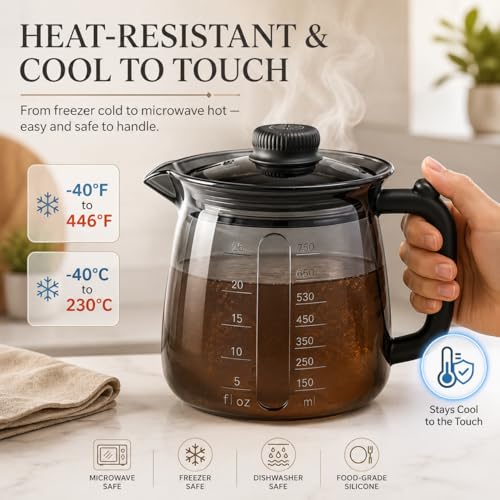 Silicone Microwave Measuring Cup, Milk Warmer Pitcher for Coffee, 25oz | Food-Grade Silicone, V-Spout, Dual Scales, -40°F to 446°F, Dishwasher Safe