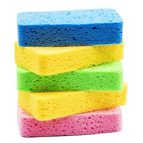 Temede Large Cellulose Sponges, Thick Absorbent Kitchen Sponges, 5-Pack | 5.5" x 3" x 1.2" (Expand), Soft Dish Sponge, Heavy Duty Scrub Sponges, Non-Scratch Cookware, Household, Compressed Packaging