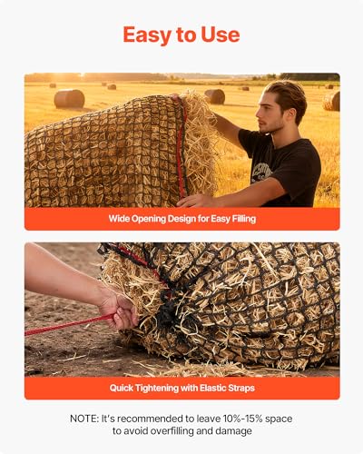 VEVOR Round Bale Hay Net, 4.92 x 4.92 x 4.92 ft, 1.65 inch Holes, PE Material, Knotless Design, with Self-Locking Zip Ties, Needle Shuttle, and Repair Twine, Slow Feeder Round Bale Net for Horses - size: 4.92 x 4.92 x 4.92 ft