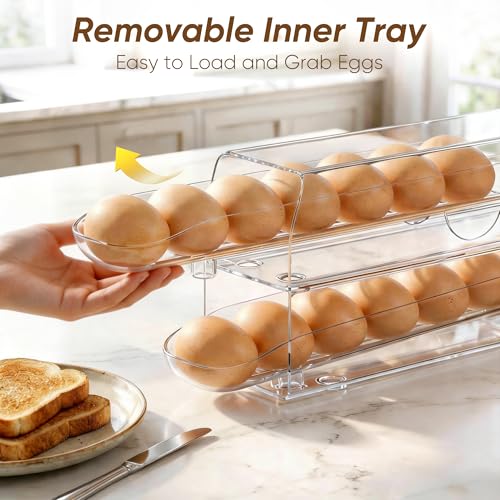 theaoo Auto Rolling Egg Dispenser for Refrigerator with Quick Removable Inner Tray, Space-Saving Egg Organizer and Holder, Egg Storage Container for Fridge, Easy to Load and Grab Eggs (1 Pack)