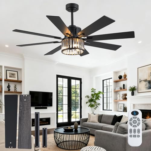 NKPU 52 Inch Farmhouse Crystal Ceiling Fans with Lights and Remote, Chandelier Industrial Ceiling Fan with Dual 8 Blades, 6 Speed Reversible Motor, Timing, Black Ceiling Fan for Living room Bedroom - color: Black-288