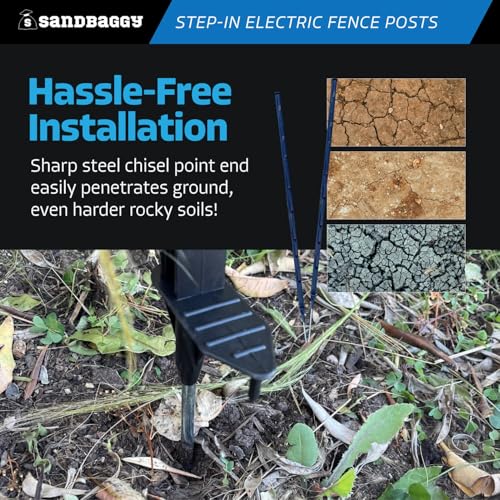 Sandbaggy 4 ft Plastic Step in Electric Fence Posts - UV Resistant - Temporary or Semi-Permanent Fencing for Livestock, Grazing, Gardening - Lightweight, Adjustable Height (4 ft, Black, 50)