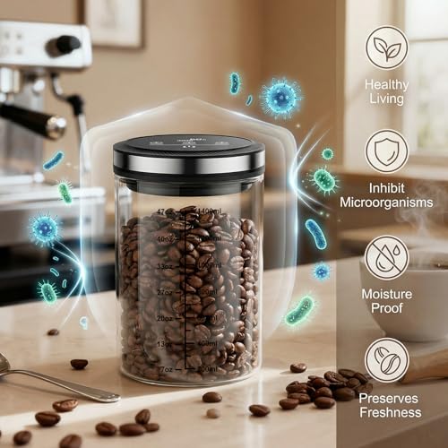 Vacuum Coffee Canister, 1.6L Large Capacity Airtight Coffee Container with Graduated Scale and Vacuum Duration Display. Features Transparent Borosilicate Glass Construction - size: 1.6L
