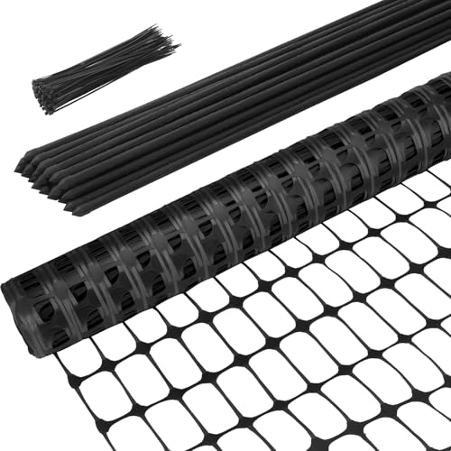 Ohuhu 3.4' x 100' Plastic Garden Fence Roll with 16MM Thicke Stakes, Black | Reusable HDPE Temporary Fence with 25Pcs 4FT Posts, Barrier Fencing for Animals Chicken Dog, Construction Snow Protection - color: Black