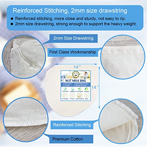 6 Pack 14"x14" Nut Milk Bags - 100% Unbleached Cotton, Food Strainer, Reusable Cheesecloth,Straining Almond/Oat/Soy Milk, Cold Brew Coffee, Cloth Bag for Cheese/Yogurt/Juice/Tea/Wine/Soup/Herbs