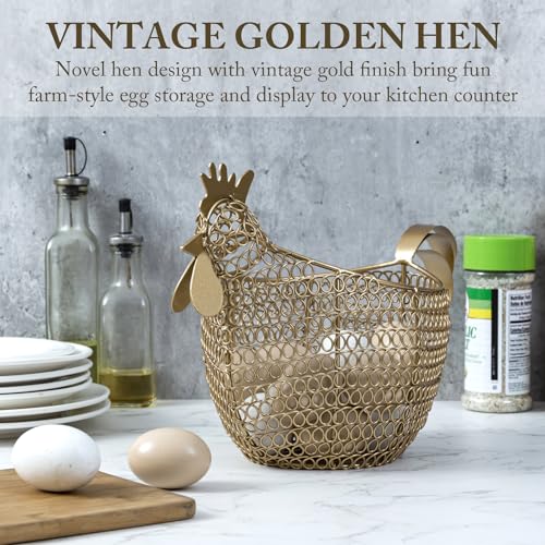 MyGift Vintage Brass Tone Metal Wire Fresh Egg Gathering Basket in Decorative Chicken Shaped Design, Farmhouse Easter Decor Egg Display Storage Basket for Counter - color: Gold