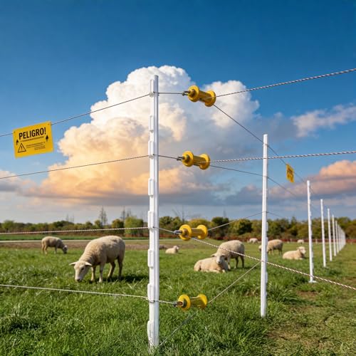 50PCS 48" Plastic Step-in Electric Fence Posts with Clips, White | Temporary Electric Fence Stakes · 8 Integrated Clips · Reinforced Steel Spike · For Garden and Farm & Livestock - color: White-50PCS