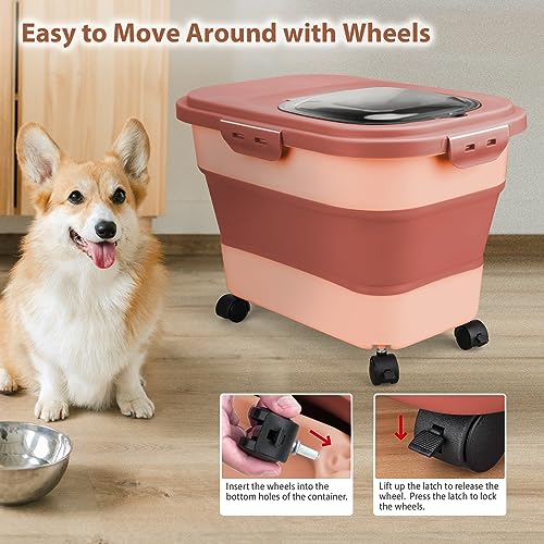 Viretec Dog Food Storage Container, 10-20Lbs Collapsible Pet Food Storage Containers with Rolling Wheel Airtight Locking Lid, Dry Food Storage Bin with Cup and Scoop,Suitable for Pet Food, Rice, Flour - color: Pink