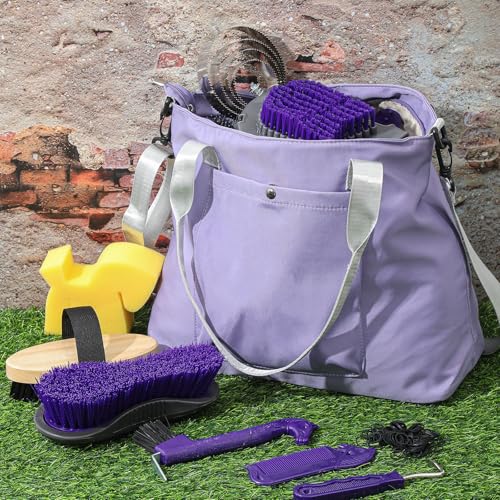 Abbylike 15 Pieces Horse Grooming Kit with Organizer Tote Bag Tack Room Supplies Horse Brush Sets Care Equine Cleaning Kit Shedding Grooming Massaging Tools(Purple and Grey) - color: Purple and Grey