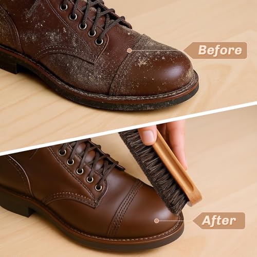 4 Pcs Horsehair Shine Shoes Brush Kit Polish Dauber Applicators Cleaning Leather Shoes Boots Care Brushes Suede Cleaner Brush with Microfiber Shoe Cloth(Wooden Style A) - style: Wooden Style A