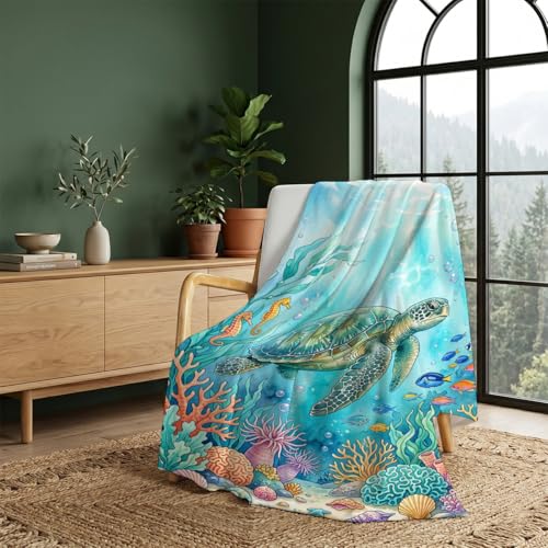 Sea Turtle Throw Blanket, Ultra-Soft Flannel Fleece 40" x 50" | Yujiiso Sea Turtle Blanket Lightweight Decor for Living Room, Bedroom, Office and Travel, Home Decor Gift - color: Sea Turtle, size: 40"x50"