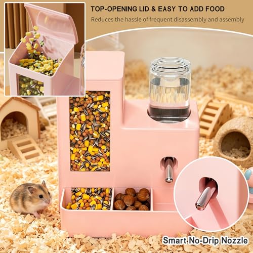 Hamster Water Bottle Feeder, No Drip 2-in-1 Dispenser | 5.51 x 4.33 x 6.49 Inch compact design with hamster water dispenser, hamster food bowl and cage accessories for small pets. - color: Pink