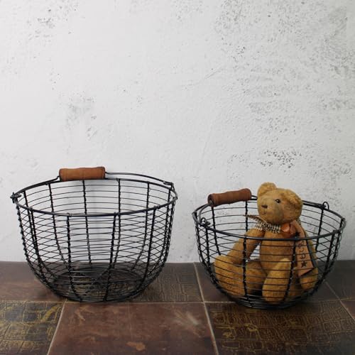 Metal Wire Egg Baskets Wire Fruit Baskets with Wooden Handle Country Vintage Style Storage Baskets. Matt Black, Set of 2. (Round)