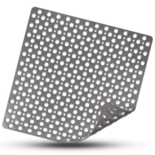 Square Shower Mat Non Slip, 27" x 27" Large Shower Mats for Inside Shower, Soft TPE Shower Floor Mat with Suction Cups and Big Drain Holes, Anti Slip Shower Stall Matt, Grey - color: Grey