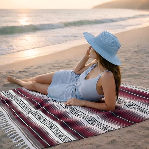 Mexican Blanket (Authentic Handmade Falsa) - Durable, Lightweight Baja Indian Blanket for Yoga, Beach, Camping, Picnic, Car/Truck, Outdoor Mexican Throw, Baja Saddle Blanket, 70"x50", Cherry - color: Cherry