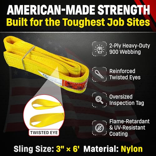 DD Sling (USA Made). 3" Widths by 6' to 20' Lengths in Listing, 2 Ply Twisted Eye, Nylon Lifting Slings, Eye & Eye, 8,900 lbs Vert, 7,200 lbs Choker, 17,800 lbs Basket Load Capacity (3" x 6') - size: 3 in x 6 ft