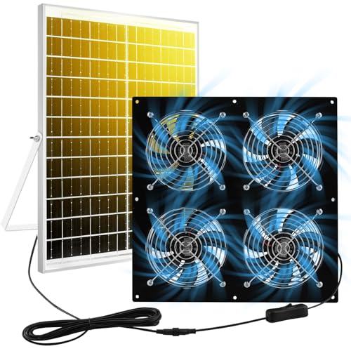 HNRLOY Solar Exhaust Fan for Chicken Coop & Powered Fan with 25W Solar Panel & 4 High-Speed Brushless DC Fans, Solar Ventilation Fan for Greenhouses,Attics,Shed,Barns & Dog Houses - size: 25W Solar Panel + 4 Exhaust Fans