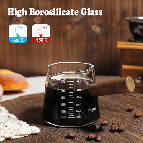 Joeyan 6 oz Glass Measuring Cup with Double Spouts,Borosilicate Espresso Shot Glasses with Wooden Handle,Claer Measuring Triple Milk Frothing Pitcher for Coffee Tea - color: 6 Oz Dual Spouts Measuring Cup