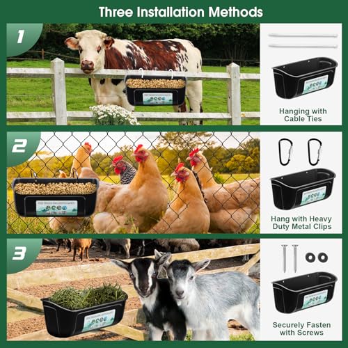 PIREKZUNT 4 Pack Chicken Duck Feeder, Poultry Feeders and Waterers, Hanging Goat Feeder, Livestock Feeding Container, Feed Trough and Waterer Bucket with Clips(Black) - color: 4 Pack Black