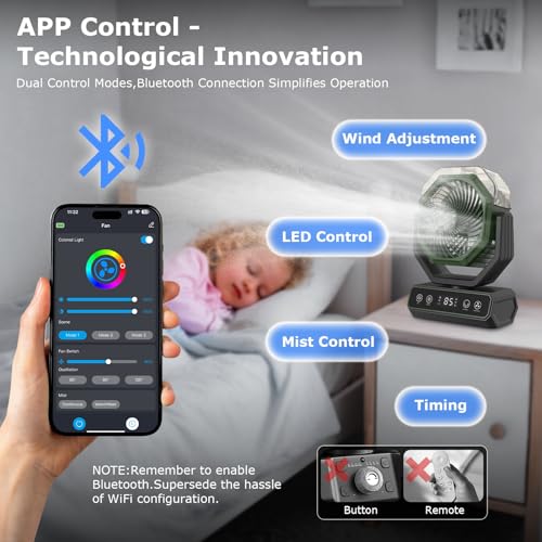 V JULES.V Portable Fan for Bedroom,40000mAh Rechargeable Desk Fan with Smart APP Remote Control,Misting Fan with RGB Lights,Timer,5 Speed Camping Fan for Travel,Tents,Beach,Office,Outdoor-Army Green