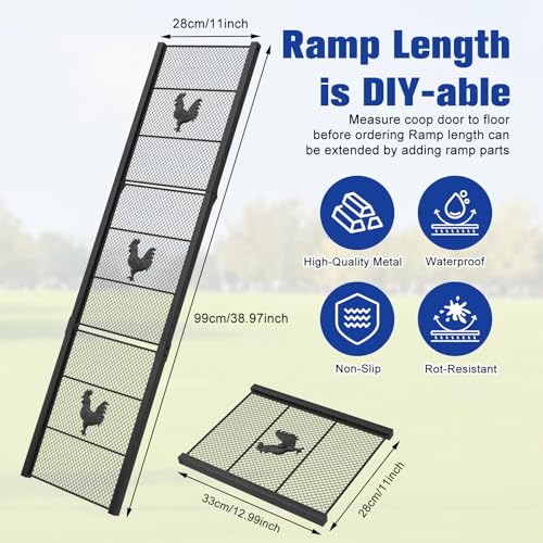 Metal Chicken Coop Ramp 39" L, Ladder Length Adjustable for Henhouse | Heavy Duty Coop Ramp for Feet Problem or Cannot Fly Chickens, Waterproof, Non-Slip, Rustproof, Sturdy and Easy to Clean - size: 38.98*11 inch
