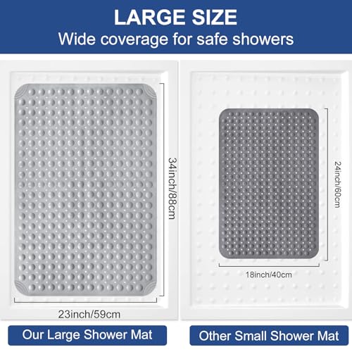 Shower Mat Non Slip: 34" x 23" Large Shower Mats for Inside Shower - Soft TPE Cuttable Anti Slip Shower Stall Mat with Drain Holes and Suction Cups - color: Gray, size: 34" x 23" (Rectangular)