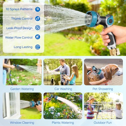 Heavy Duty Garden Hose Nozzle - 10 Spray Patterns, Thumb Control Water Pressure, Semi-Metal Construction Ergonomic Anti-Slip Handle, hose nozzle for Watering Plants, Car Wash, Pet Shower