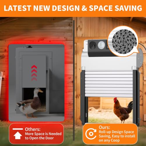 Automatic Chicken Coop Door, Solar Powered Roll-Up Chicken Door with Light Sensor, Timer & Manual Mode, 2500mAh Battery, Aluminum Frame, Anti-Pinch, Waterproof, Chicken Coop Size:9.3''x8.3''