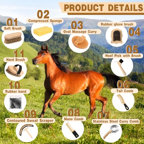 Abbylike 12 Pieces Horse Grooming Kit Racing Festival Tack Room Supplies Horse Brush Sets Equine Care Cleaning Kit Shedding Grooming Massaging Tools(Khaki) - color: Khaki