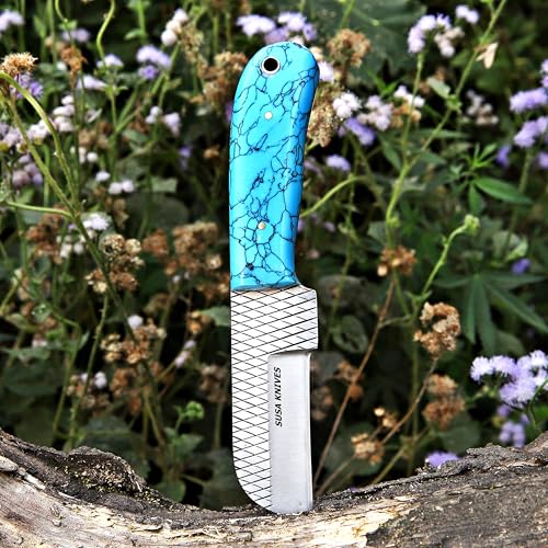 Custom Handmade 7'' fixed blade hoof rasp knife/Cow boy knife/Bull cutter Cowboy knives with pancake leather sheath (BLUE Turquoise) - color: BLUE Turquoise