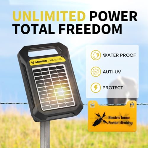 S16 12 Miles Solar Fence Charger, 0.18J Output, up to 8.1KV Electric Fence Charger, Rechargeable Solar Panel Solar Electric Fence Charger for Livestock, Farm Security & Garden Protection