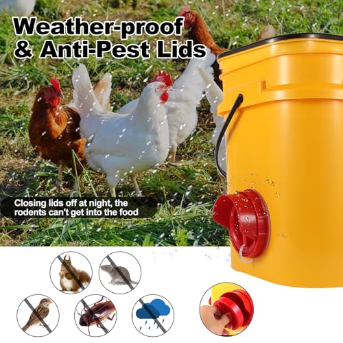 Chicken Feeder No Waste, 10 Ports Automatic Poultry Feeder with Covers & Hole Saw, Rain Proof Chicken Feeder Port for Buckets, Bins & Barrels - color: Red