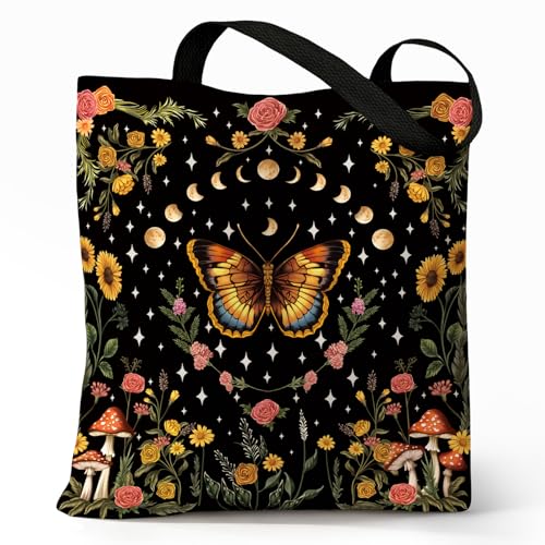 Cute Canvas Tote Bag for Women, Book Totebag with Zipper Pocket - color: Butterfly Moon Floral