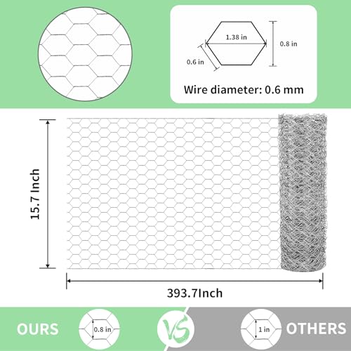 Chicken Wire 15.7 in x 393.7 in Poultry Wire Netting Hexagonal Galvanized Mesh Garden Fence Barrier for Pet Rabbit Chicken Fencing with 100 Pcs Cable Zip Ties - color: Silver, size: 15.7"x393.7"+100Ties
