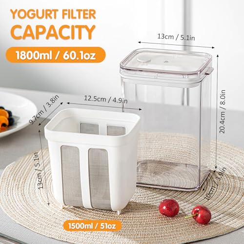 Yogurt Strainer, Small 1800ML (61 Oz) Fine Mesh Strainer, Rice Tea Juicing Food Sieve Strainer, Thick Greek Yogurt Milk Filter Kitchen Tools Reusable Homemade Cup with Stainless Steel Mesh