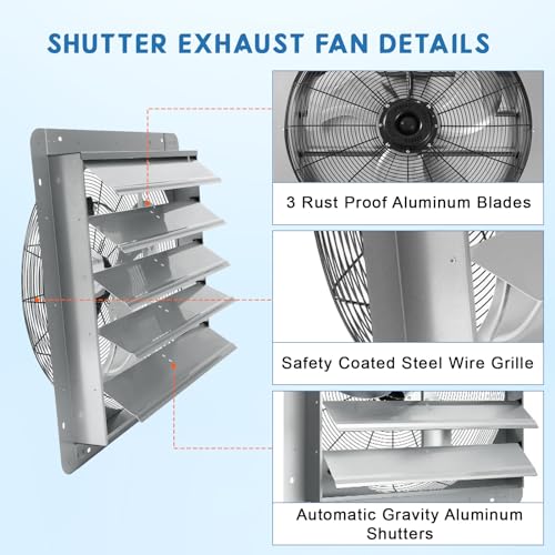 Garvee 20 In Shutter Exhaust Fan, Wall Mounted Shutter Exhaust Fan Aluminum, 3500 CFM High Speed Louvered Vent Fan with Automatic Shutter for Garage, Attic, Workshop, Greenhouse