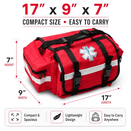 NOVAMEDIC NM-RO63P Professional First Responder Bag, 17” x 9” x 7” Empty EMT Trauma Kit Carrier with Removable Dividers, Reflective Strips, Water-Resistant Base for Emergency Medical Supplies (Red) - color: Red