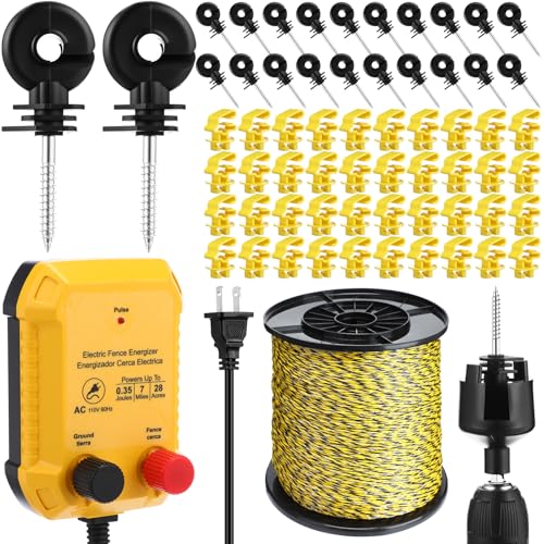 Electric Fence Kit, 0.35j Charger 3366ft Wire 60 Insulators | 5 Mile 110V Plug in Electric Fence, Polywire for Livestock Horse Cattle Poultry, T Post Screw Insulators, Farm Pasture - size: 3366FT, style: 0.35J